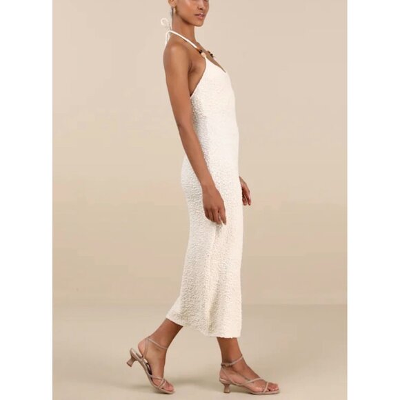 Lulus Meike Cream Textured Knit Beaded Halter Midi Dress Sz Large Womens Cream - Picture 12 of 16